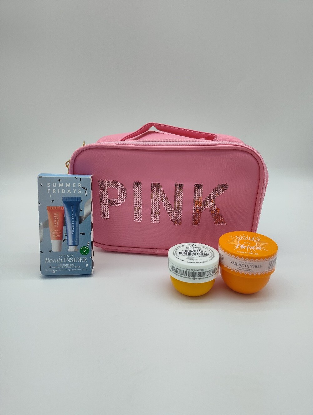 VICTORIA’S SECRET PINK Sequin Beauty Travel Case Sol de Janeiro Summer Fridays